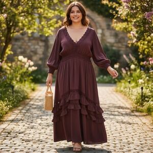 Baltic Born Burgundy Maxi Dress Lace Trim Smocked Waist Ruffle Skirt Womens XXXL
